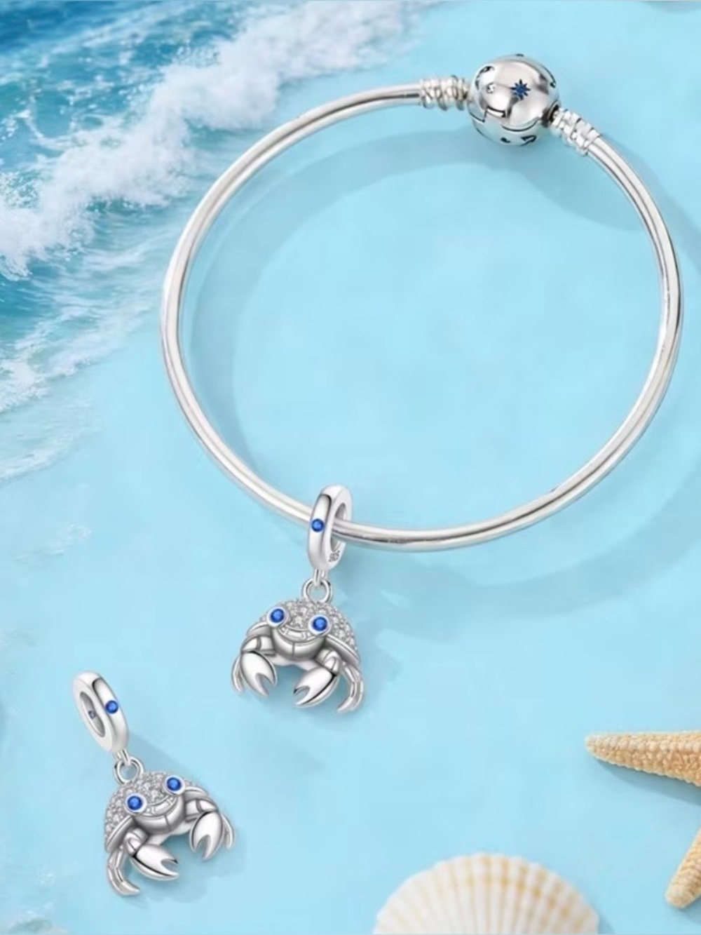 🦀 925 Sterling Silver Blue Crab Dangle Charm CZ Pavé - Picture 4 of 5